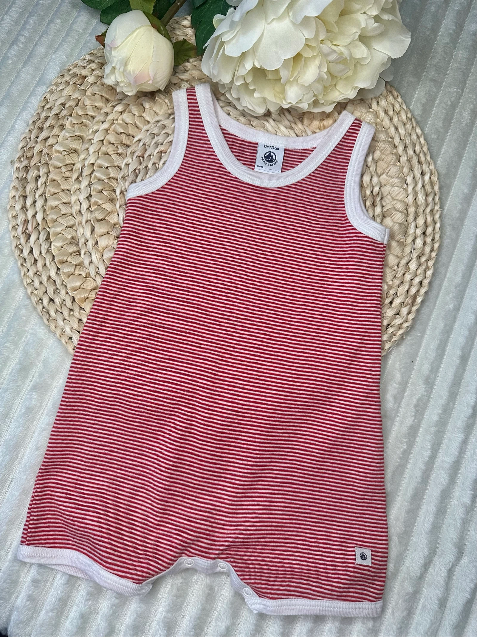 Barboteuse Petit Bateau 12 mois rayé rouge et blanc 
